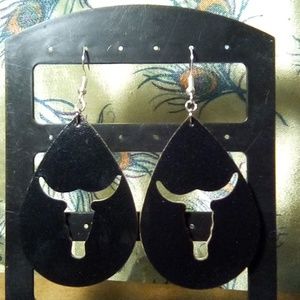 Black Faux Leather Long Horn Head Tear Drop Hook Earrings